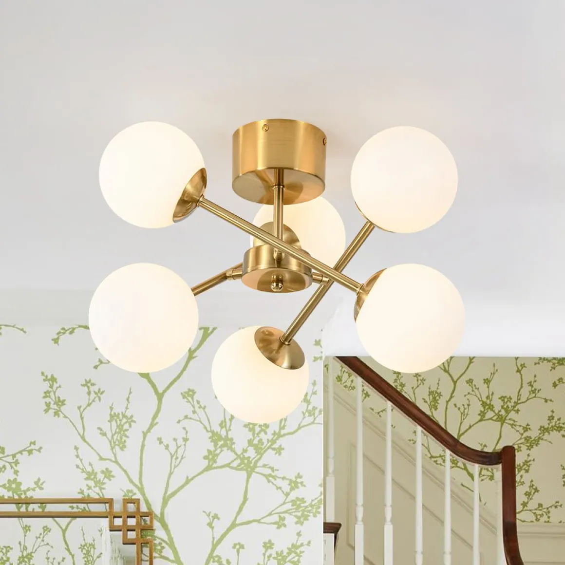 Adjustable Opal Glass Globe Brass Sputnik Semi Flush Mount