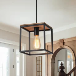 Aged Oak Iron Square Cage Single Kitchen Pendant Light