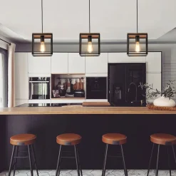 Aged Oak Iron Square Cage Single Kitchen Pendant Light