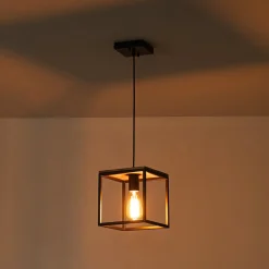 Aged Oak Iron Square Cage Single Kitchen Pendant Light