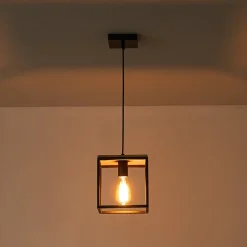 Aged Oak Iron Square Cage Single Kitchen Pendant Light