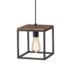 Aged Oak Iron Square Cage Single Kitchen Pendant Light
