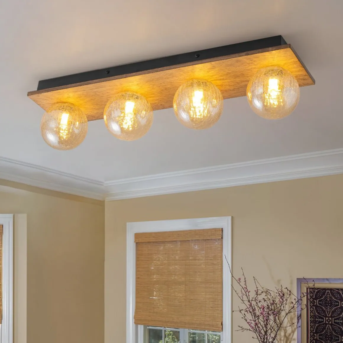 Amber Textured Glass Linear Wooden Semi Flush Mount / Wall Light
