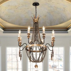 Antique Wood Beaded Empire Chandelier