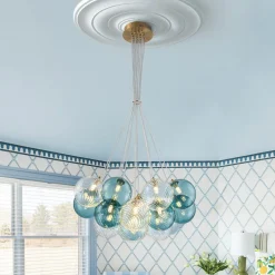 Art Deco Blue Hue Cluster Glass Globe Bubble Chandelier