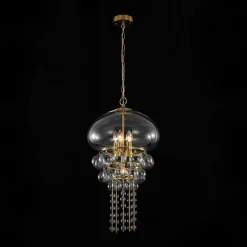 Art Deco Brass Tiered Clear Glass Jellyfish Style Chandelier