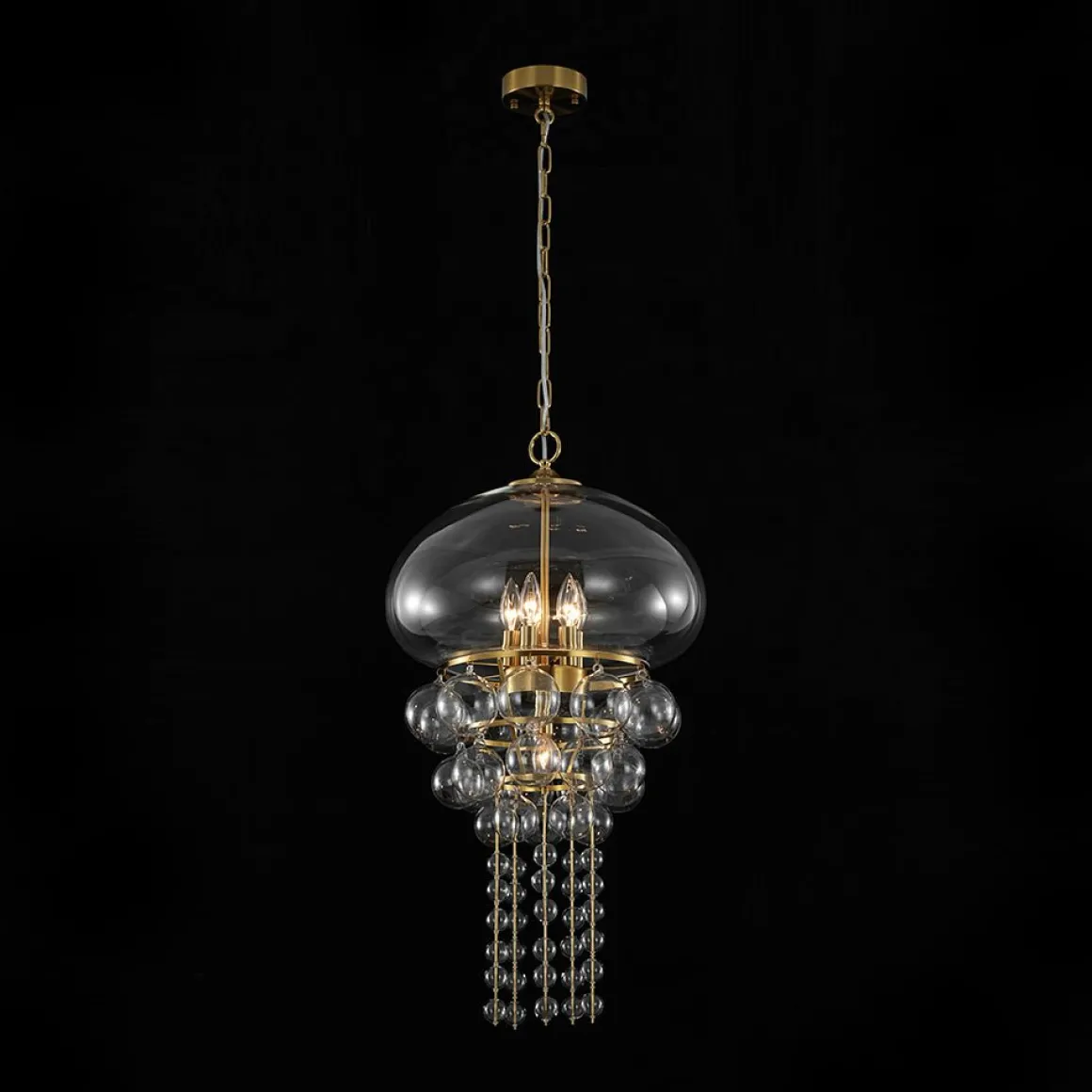 Art Deco Brass Tiered Clear Glass Jellyfish Style Chandelier