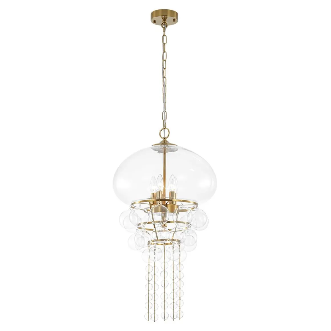 Art Deco Brass Tiered Clear Glass Jellyfish Style Chandelier