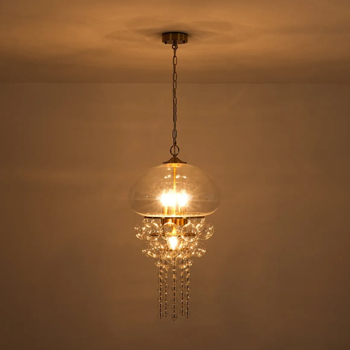 Art Deco Brass Tiered Clear Glass Jellyfish Style Chandelier