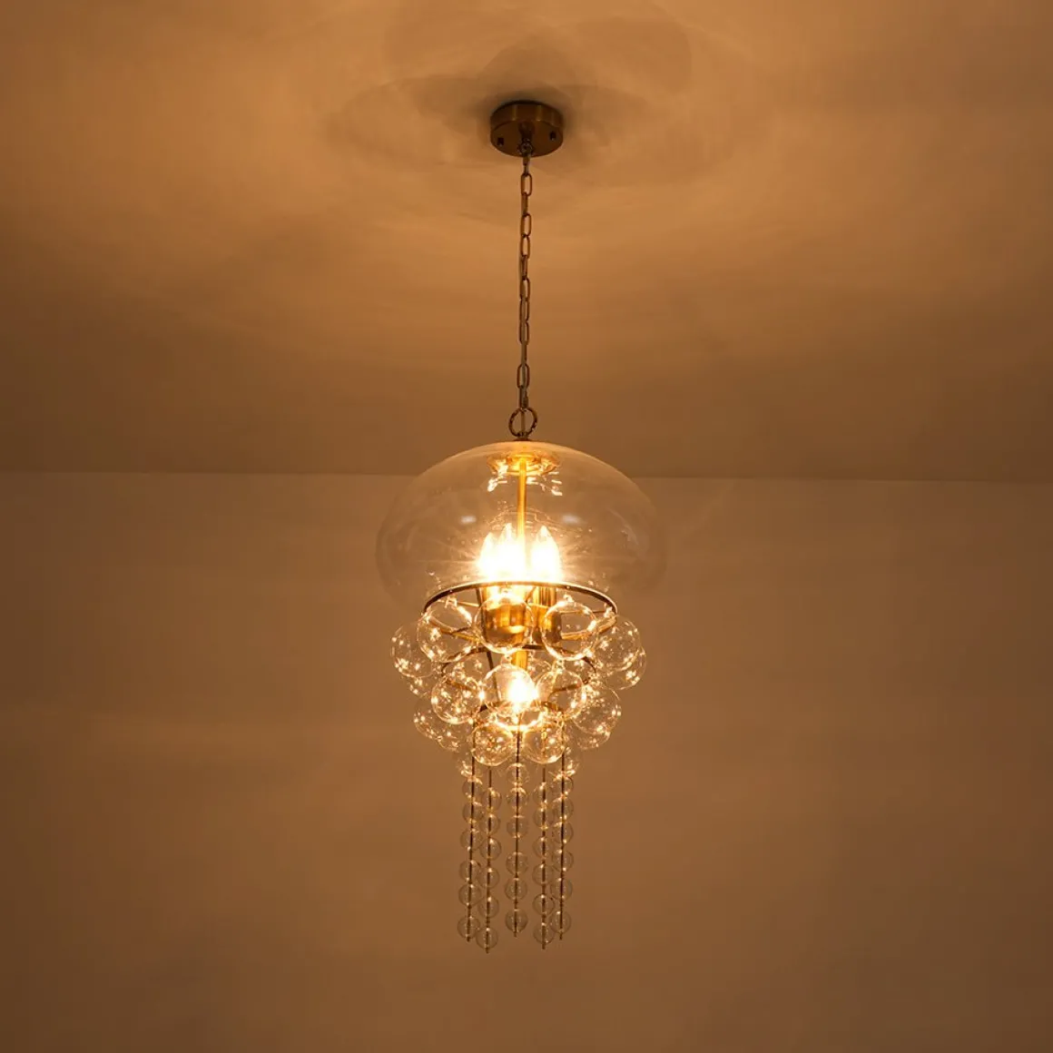 Art Deco Brass Tiered Clear Glass Jellyfish Style Chandelier