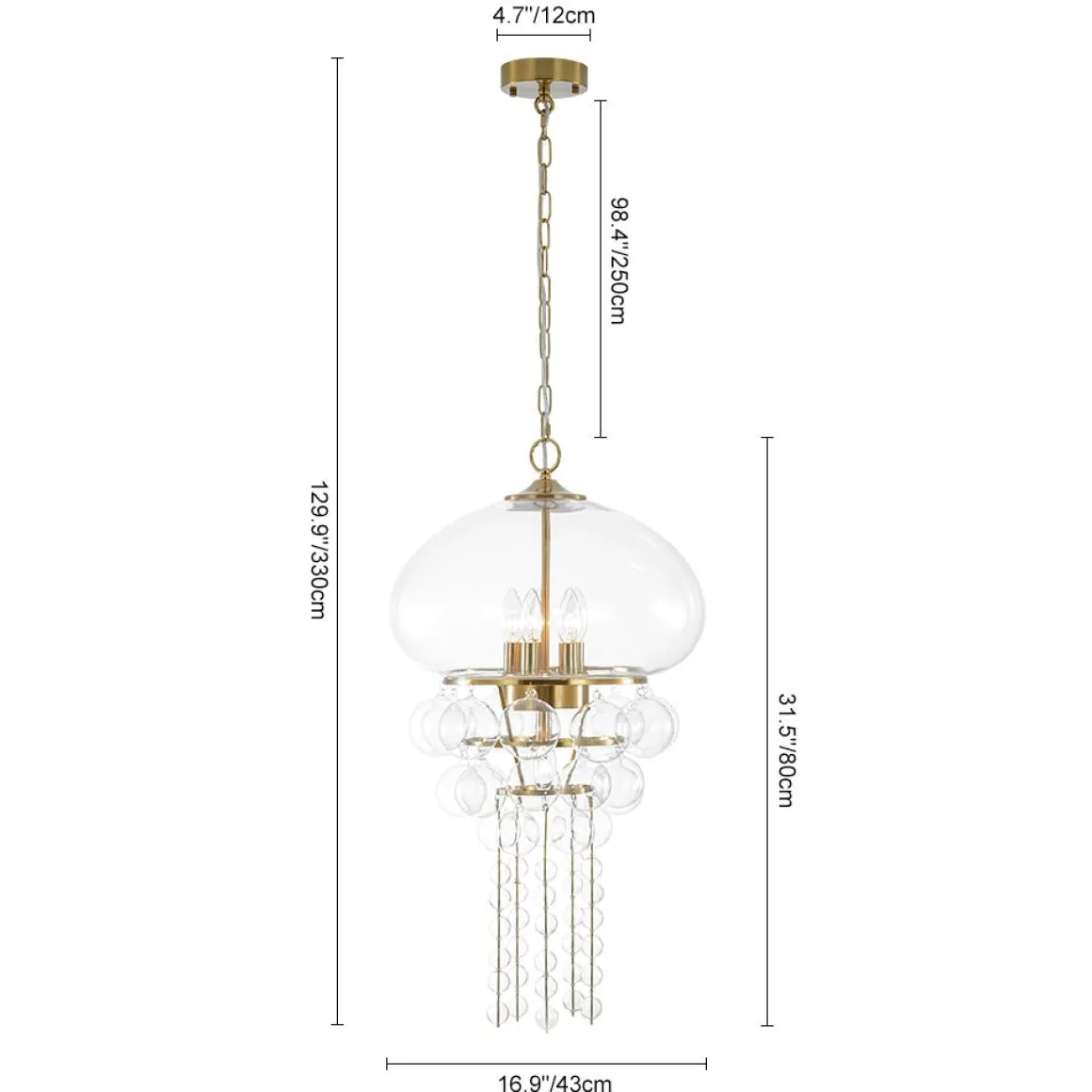 Art Deco Brass Tiered Clear Glass Jellyfish Style Chandelier