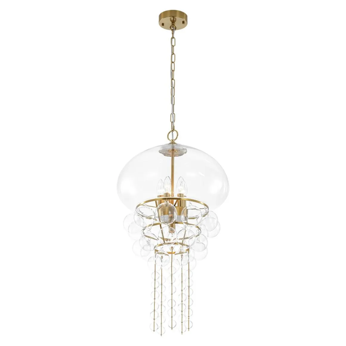 Art Deco Brass Tiered Clear Glass Jellyfish Style Chandelier