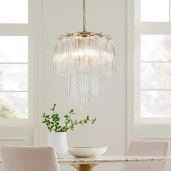 Art Deco Cluster Glass Textured Tube Round Tiered Chandelier