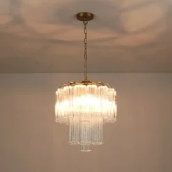 Art Deco Cluster Glass Textured Tube Round Tiered Chandelier