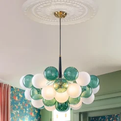 Art Deco Cluster Green Frosted White Glass Bubble Chandelier
