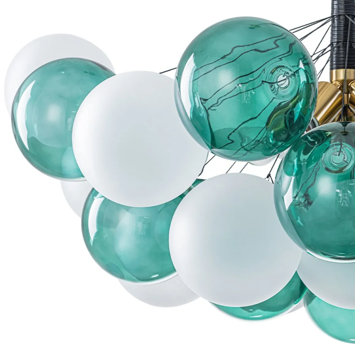 Art Deco Cluster Green Frosted White Glass Bubble Chandelier