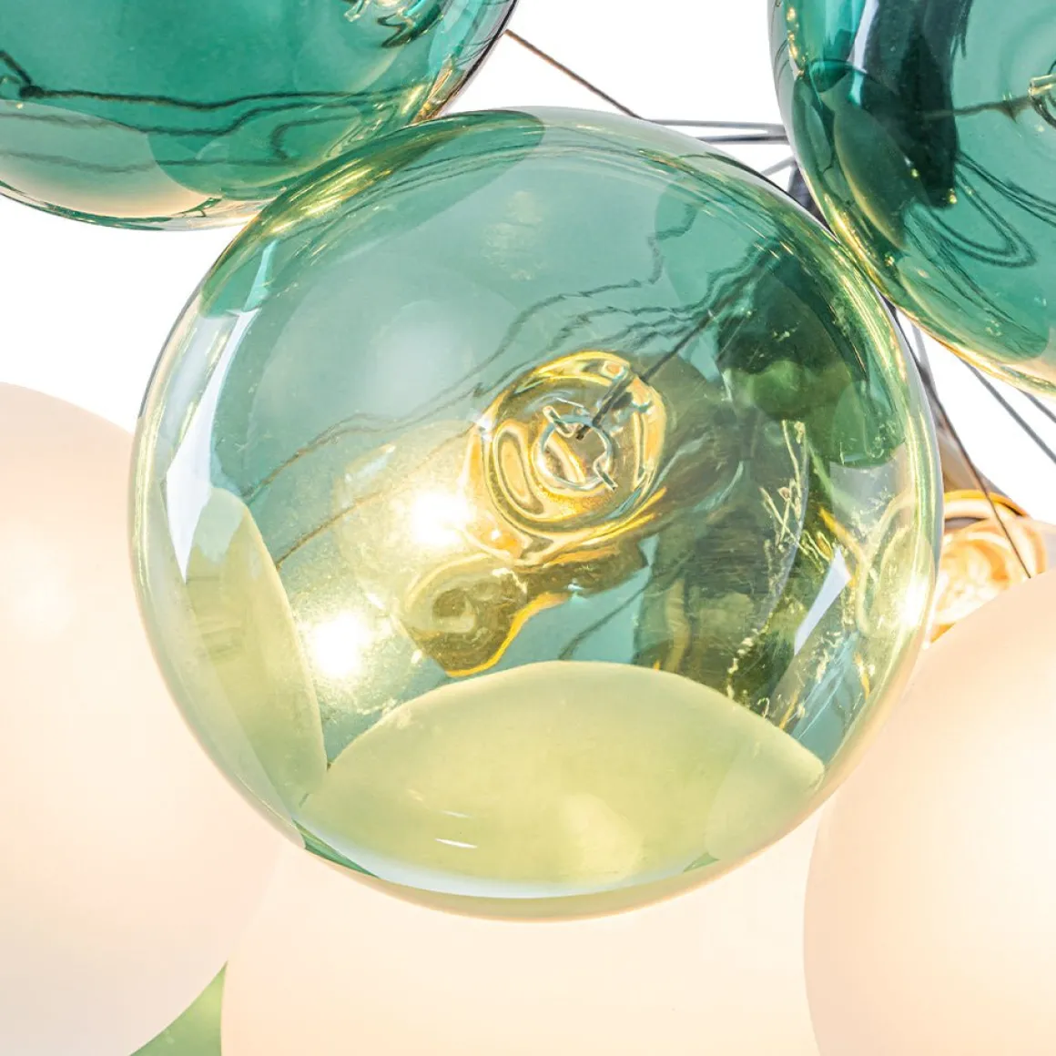 Art Deco Cluster Green Frosted White Glass Bubble Chandelier