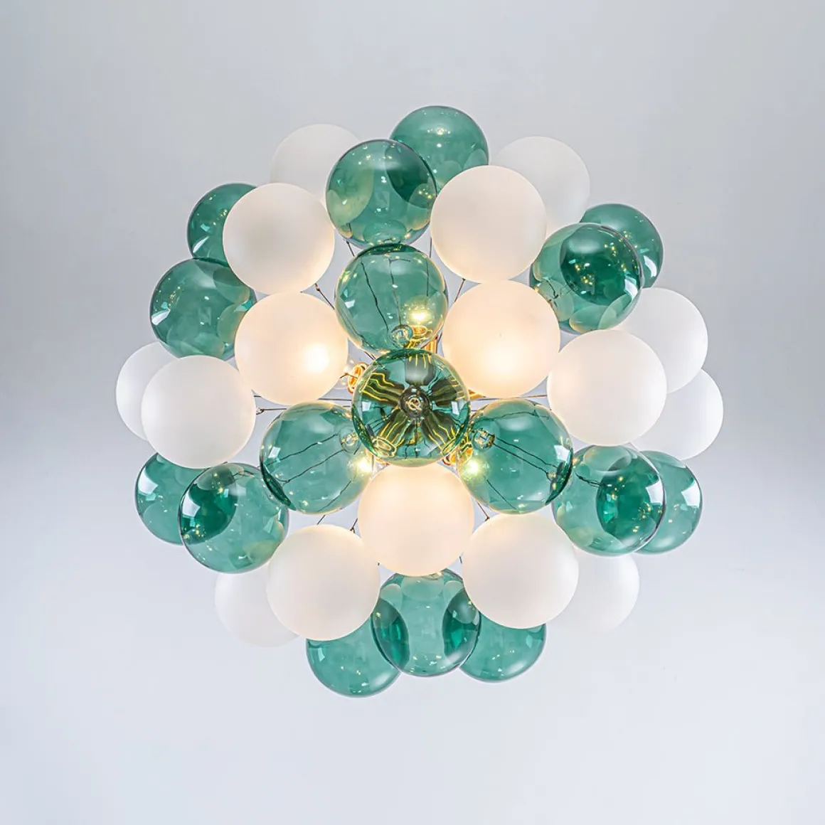 Art Deco Cluster Green Frosted White Glass Bubble Chandelier