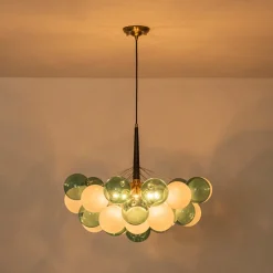 Art Deco Cluster Green Frosted White Glass Bubble Chandelier