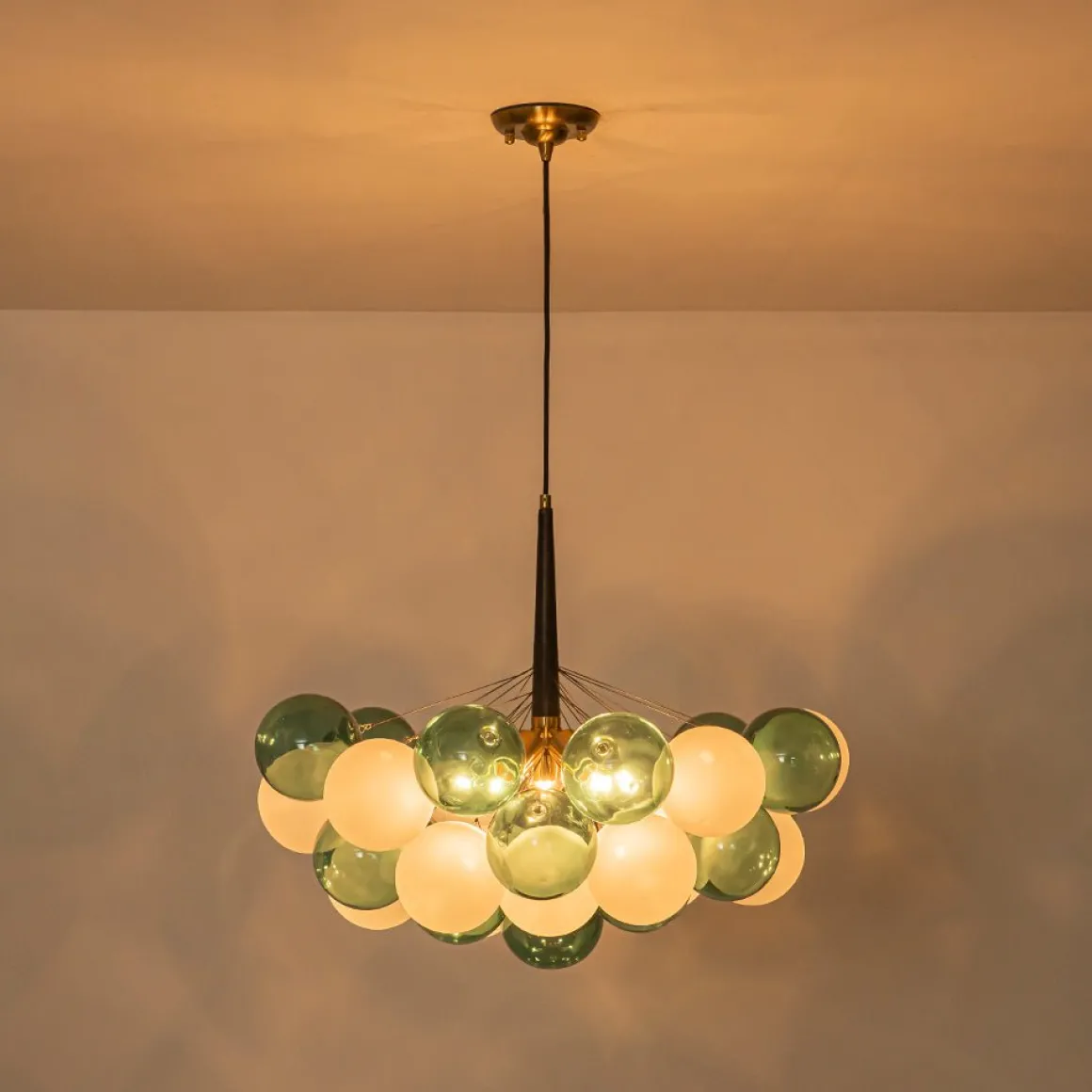Art Deco Cluster Green Frosted White Glass Bubble Chandelier
