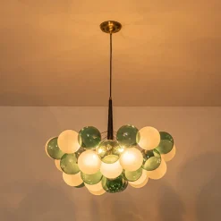Art Deco Cluster Green Frosted White Glass Bubble Chandelier