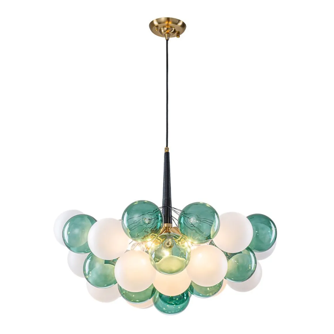 Art Deco Cluster Green Frosted White Glass Bubble Chandelier