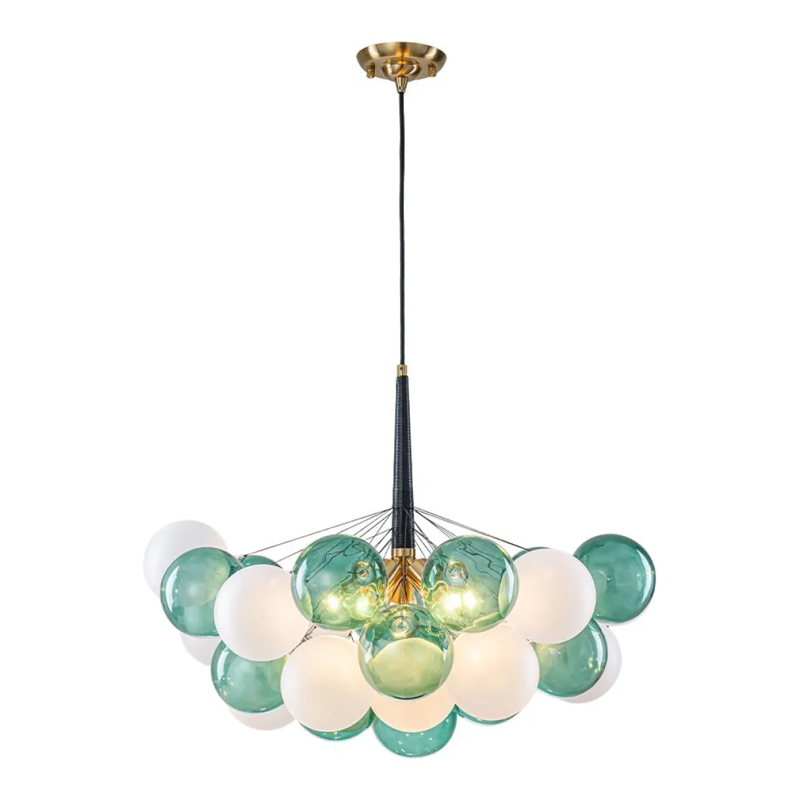 Art Deco Cluster Green Frosted White Glass Bubble Chandelier