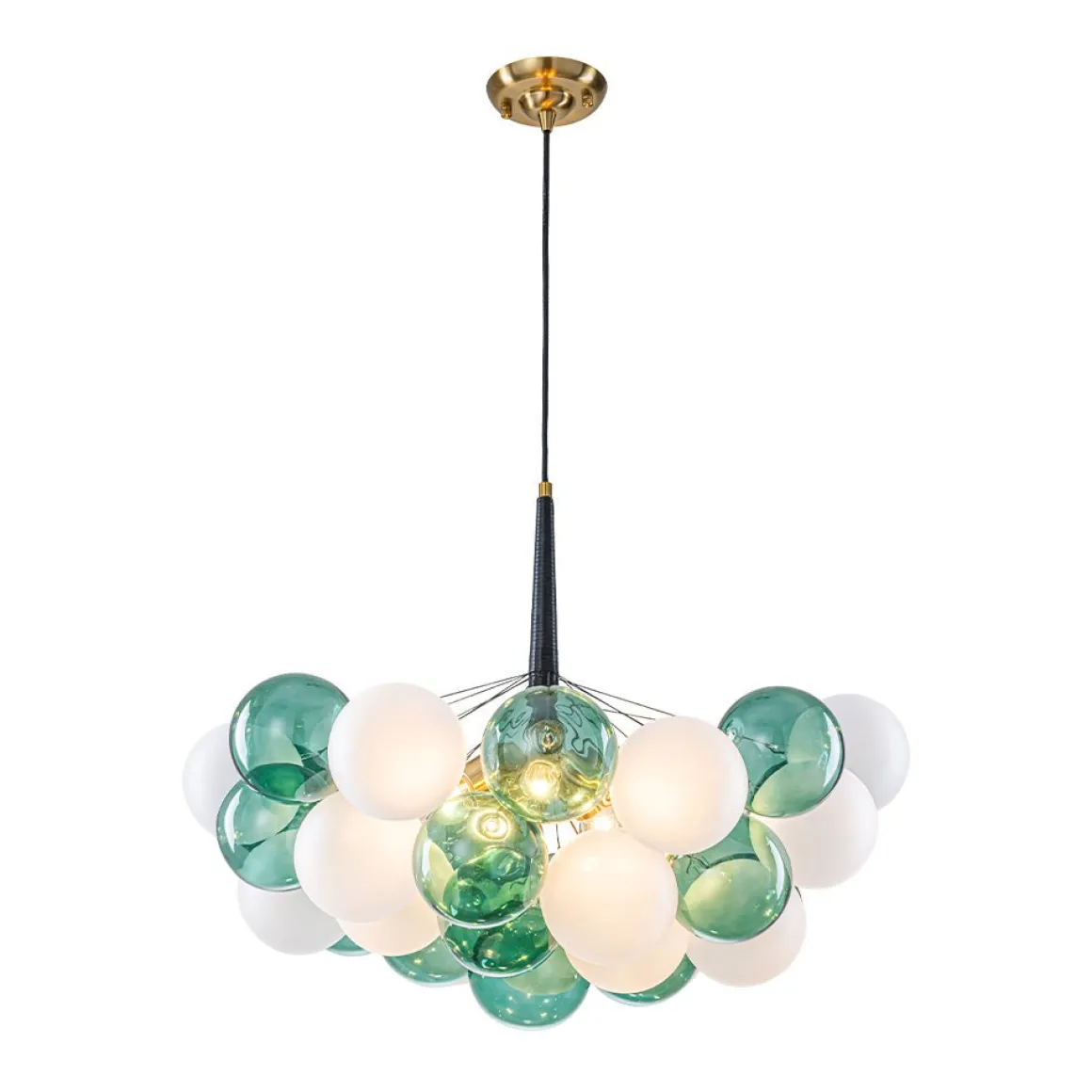 Art Deco Cluster Green Frosted White Glass Bubble Chandelier