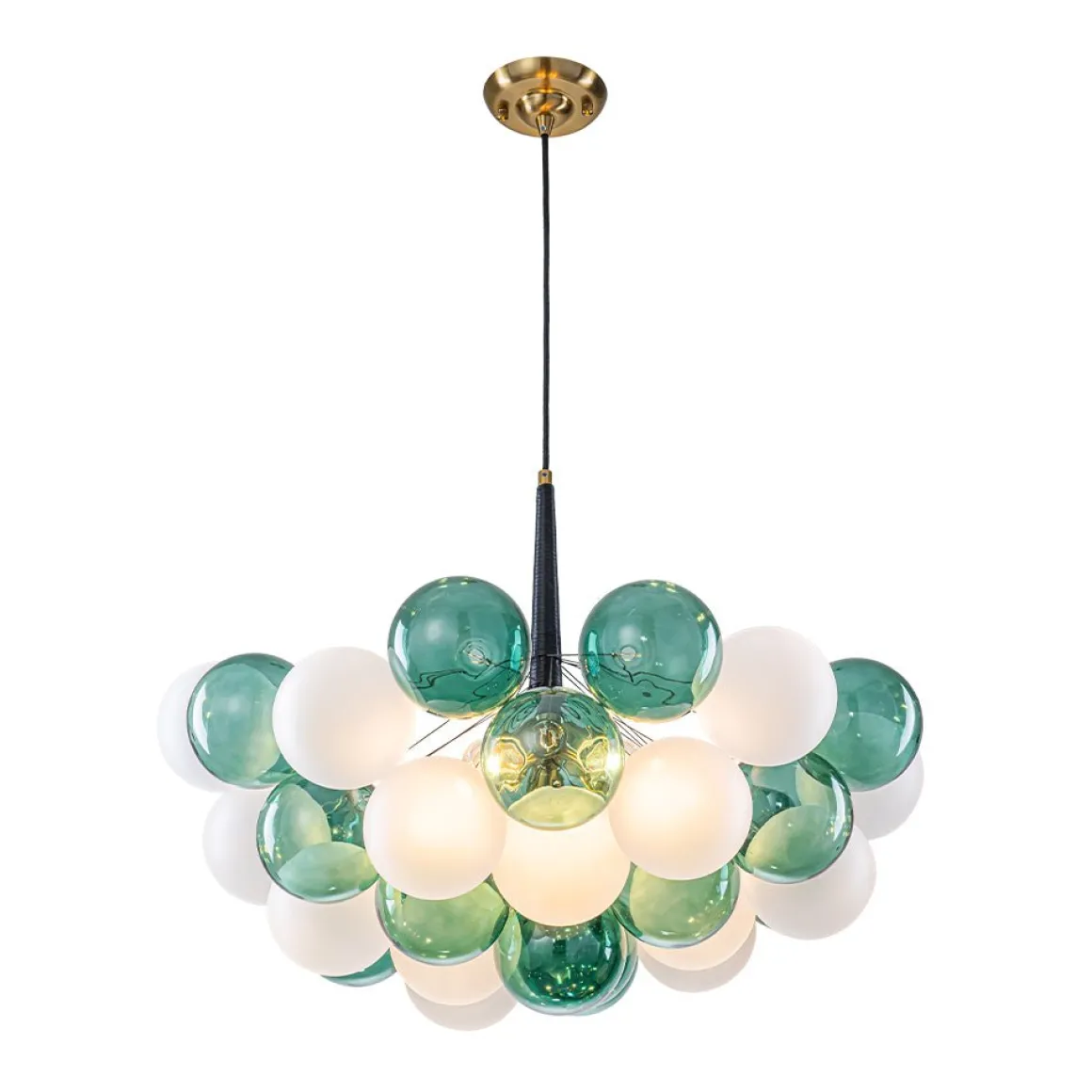 Art Deco Cluster Green Frosted White Glass Bubble Chandelier