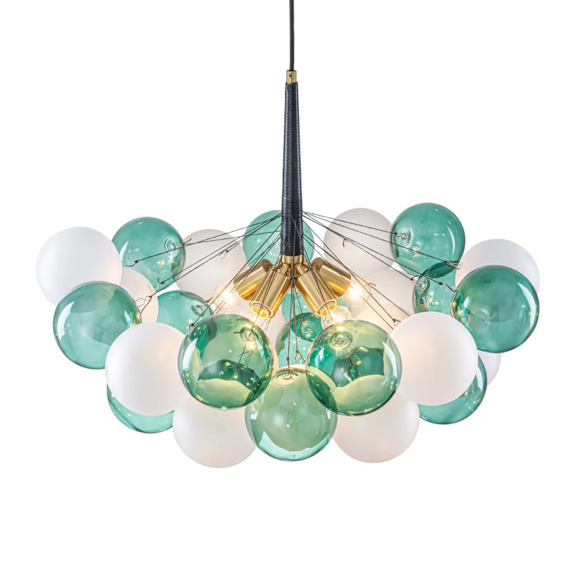Art Deco Cluster Green Frosted White Glass Bubble Chandelier