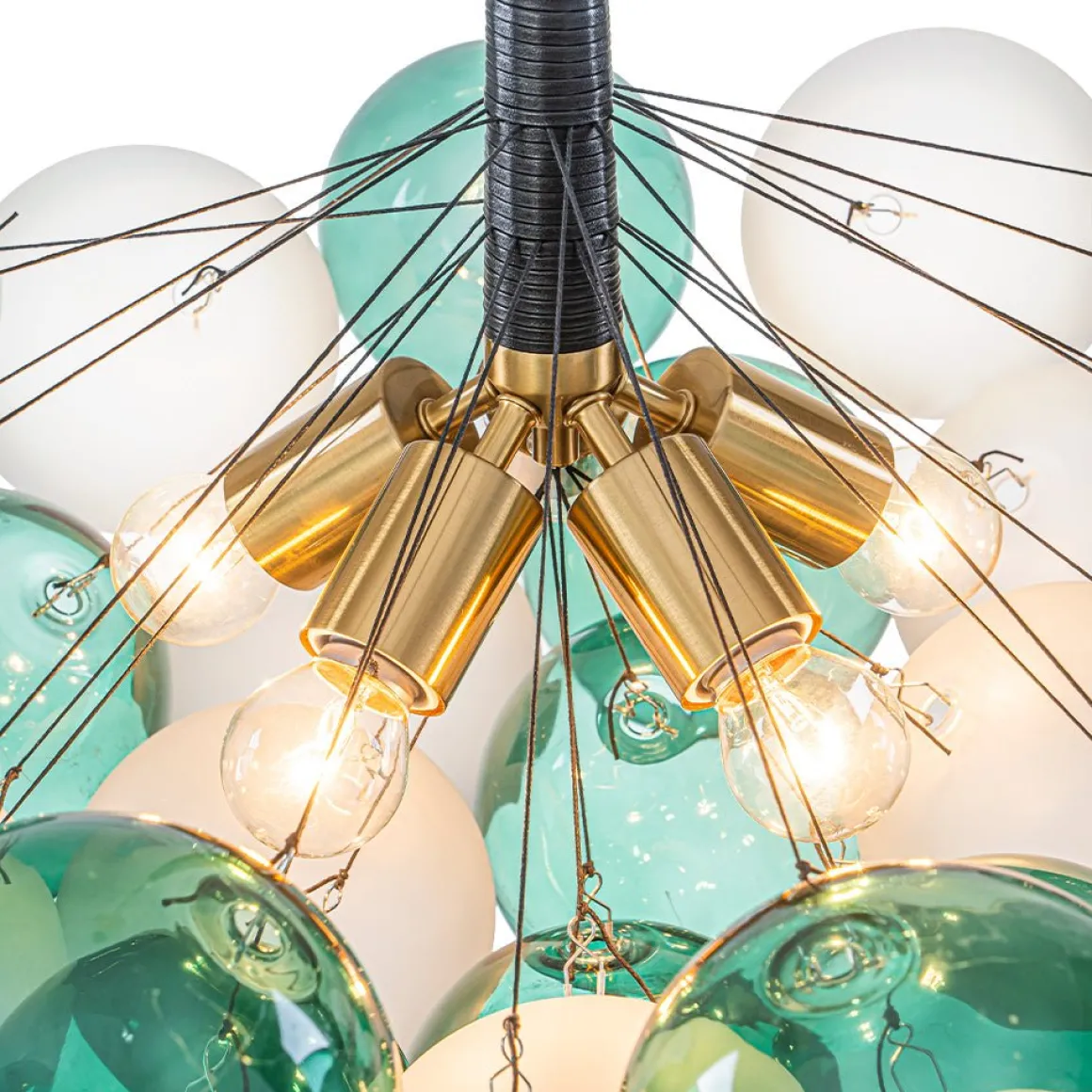Art Deco Cluster Green Frosted White Glass Bubble Chandelier