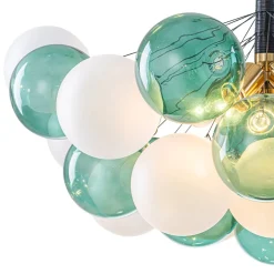 Art Deco Cluster Green Frosted White Glass Bubble Chandelier