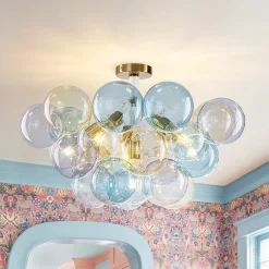 Art Deco Colorful Glass Cluster Bubble Semi Flush Chandelier
