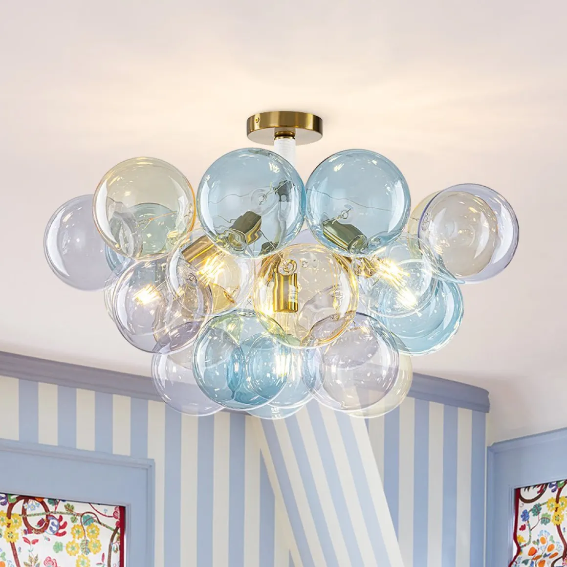 Art Deco Colorful Glass Cluster Bubble Semi Flush Chandelier