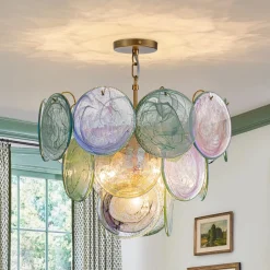 Art Deco Green Iridescent Swirl Glass Tiered Chandelier
