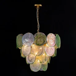 Art Deco Green Iridescent Swirl Glass Tiered Chandelier