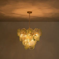 Art Deco Green Iridescent Swirl Glass Tiered Chandelier