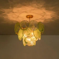 Art Deco Green Iridescent Swirl Glass Tiered Chandelier