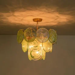 Art Deco Green Iridescent Swirl Glass Tiered Chandelier