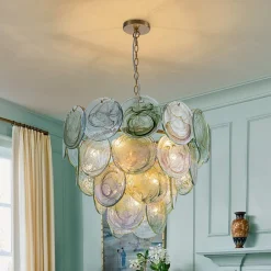 Art Deco Green Iridescent Swirl Glass Tiered Chandelier