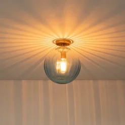 Art Deco 1-Light Blue Ribbed Glass Globe Semi Flush Mount