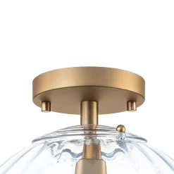 Art Deco 1-Light Blue Ribbed Glass Globe Semi Flush Mount