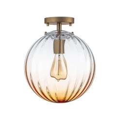 Art Deco 1-Light Blue Ribbed Glass Globe Semi Flush Mount