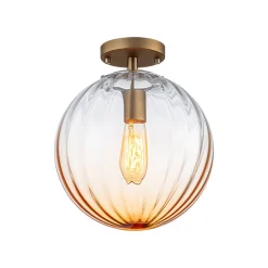 Art Deco 1-Light Blue Ribbed Glass Globe Semi Flush Mount