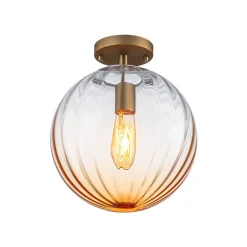 Art Deco 1-Light Blue Ribbed Glass Globe Semi Flush Mount