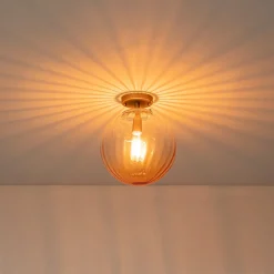 Art Deco 1-Light Blue Ribbed Glass Globe Semi Flush Mount