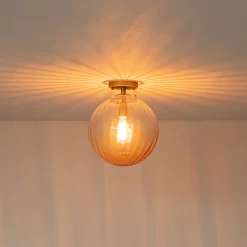 Art Deco 1-Light Blue Ribbed Glass Globe Semi Flush Mount