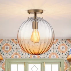 Art Deco 1-Light Blue Ribbed Glass Globe Semi Flush Mount