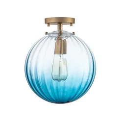 Art Deco 1-Light Blue Ribbed Glass Globe Semi Flush Mount
