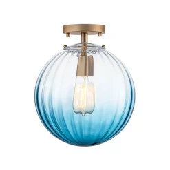 Art Deco 1-Light Blue Ribbed Glass Globe Semi Flush Mount